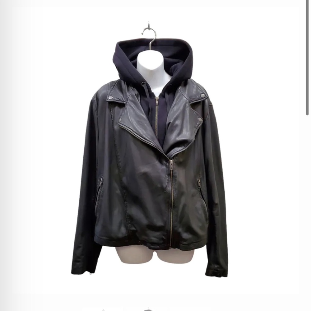 Caslon black leather moto jacket with removable hood sz 18W